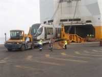 The present shipment consisted of 2 cars which were loaded at the port of Antwerp on two specially designed Mafi trailers. Each car carries twice the number of passengers as a bus, and weighs between 24 and 33 tons